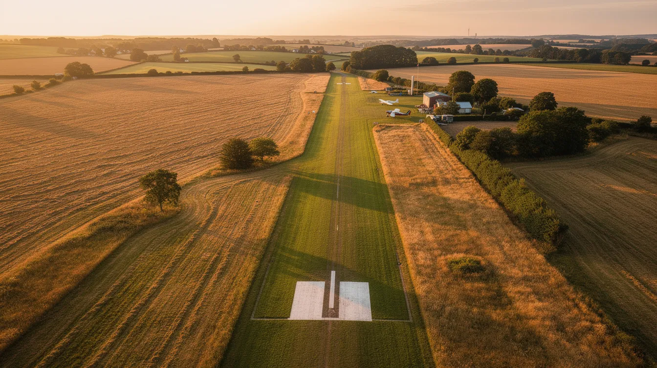 An aerial view captures a rural grass runway bathed in golden light, surrounded by expansive open fields, ideal for ultralight aviation enthusiasts. This serene setting is perfect for ultralight pilots and recreational flying during daylight hours.