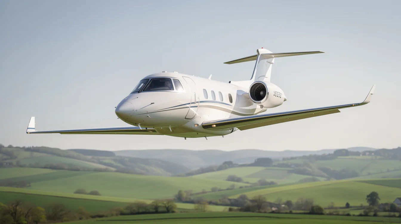 A sleek Cirrus Vision Jet is soaring through a clear blue sky, with vibrant rolling green terrain visible below, showcasing the elegance of small private jets in flight. This light jet, known for its advanced safety features and fuel efficiency, is ideal for private aviation and single pilot operation.