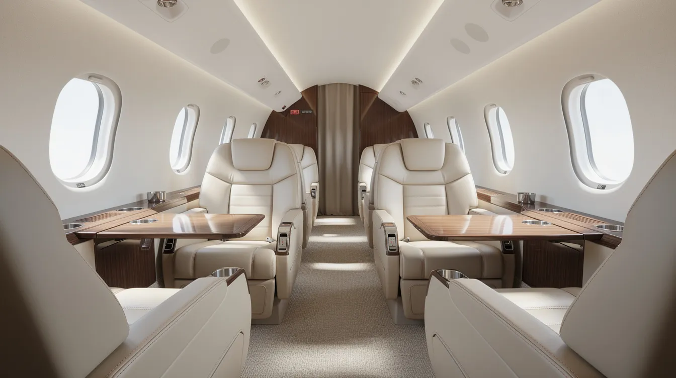 The image depicts the interior of a modern light jet cabin, featuring plush cream leather seats and elegant wood trim, designed for up to six passengers. This spacious cabin exemplifies the luxury and comfort of private aviation, making it an ideal choice for business travel and personal use.
