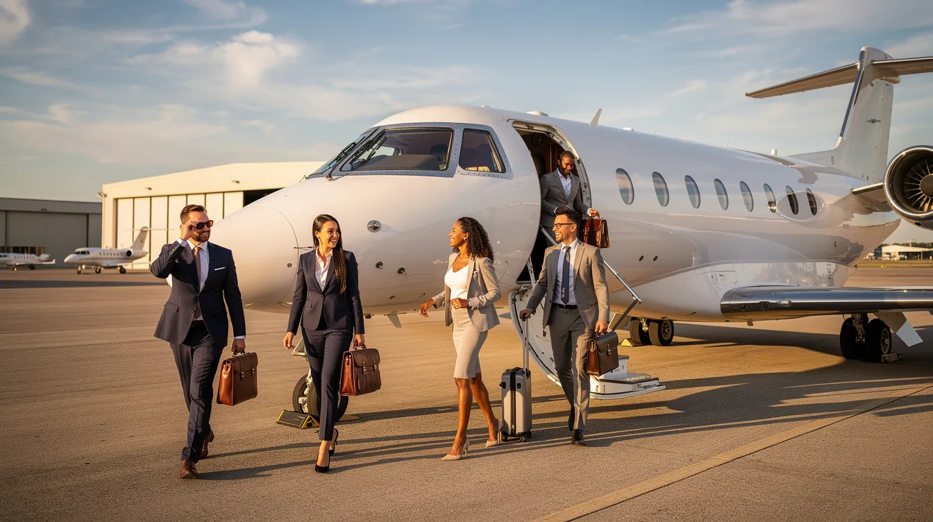 A group of business professionals is boarding a small private jet, specifically a Cirrus Vision Jet, on a sunny day. The scene highlights the convenience of private aviation, showcasing the jet's advanced safety features and spacious cabin designed for up to six passengers.