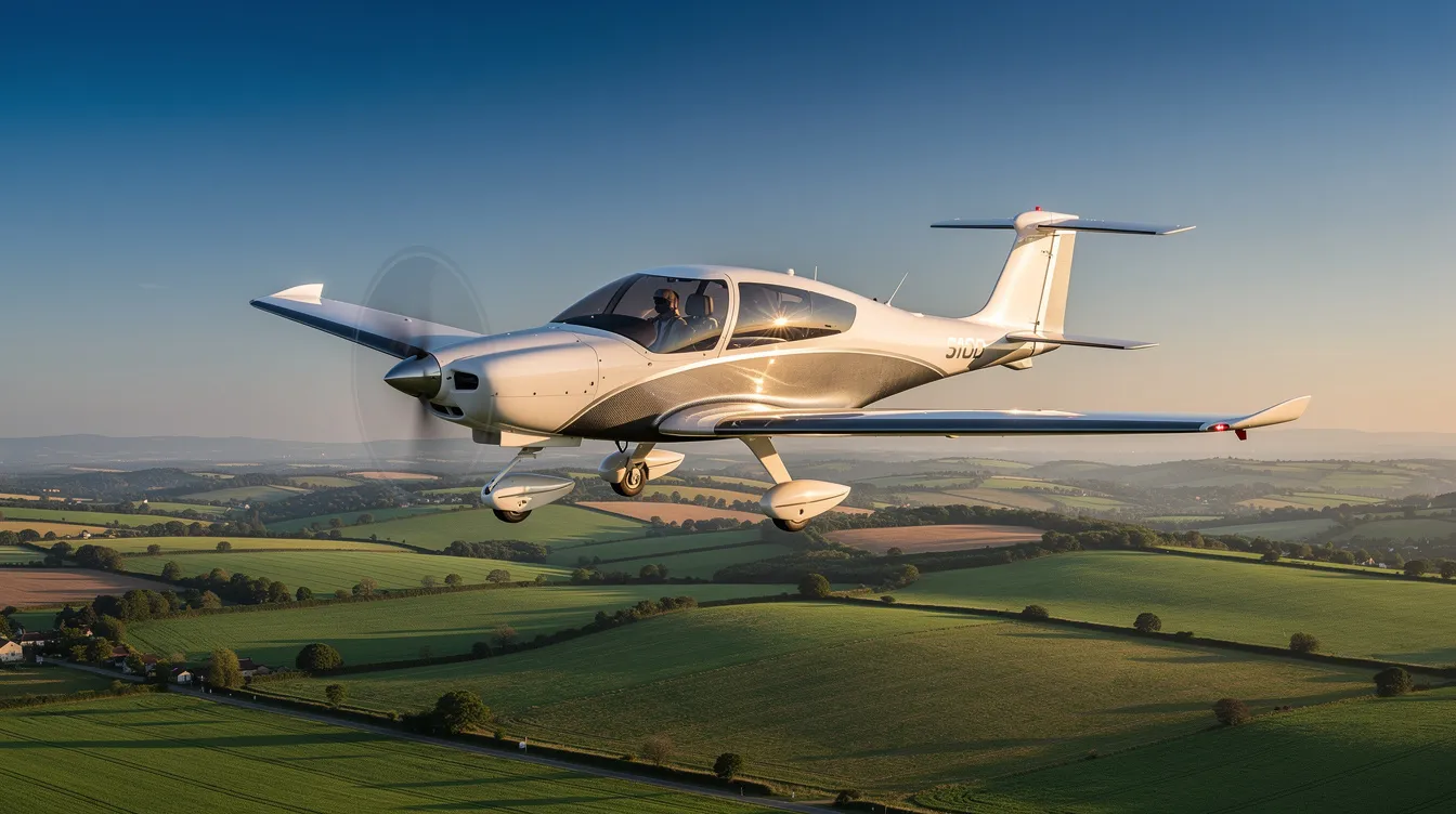 A sleek single-engine piston aircraft soars gracefully over lush green farmland beneath a clear blue sky, showcasing its efficient performance and modern design. This personal aircraft, ideal for both business and leisure travel, embodies the essence of general aviation with its luxurious appeal and high cruising speed.