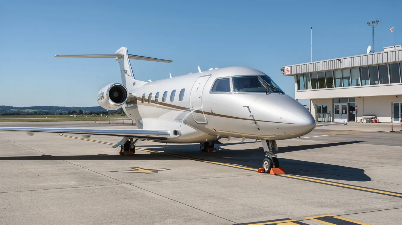 A light jet aircraft is parked on a ramp at a small regional airport, with a clear blue sky overhead and a terminal building in the background. This modern jet aircraft, designed for business and leisure travel, showcases its efficient performance and luxurious appeal, making it an ideal choice for personal aviation.