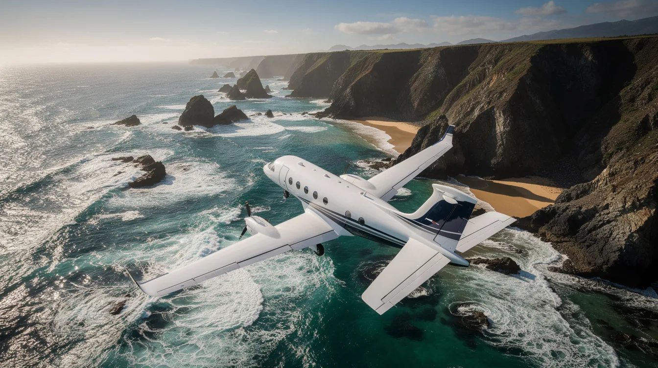 A small single engine piston aircraft is soaring over a stunning coastline, showcasing rocky cliffs and vibrant turquoise waters below. This scene highlights the aircraft's efficient performance and luxurious appeal, perfect for both business and leisure travel.