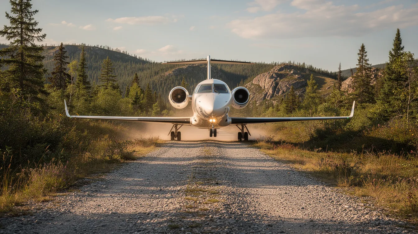 A small jet aircraft is landing on a short gravel runway, surrounded by lush wilderness, showcasing the beauty of private aviation. This scene highlights the versatility of light jets, such as those manufactured by top private jet manufacturers, in reaching remote locations.