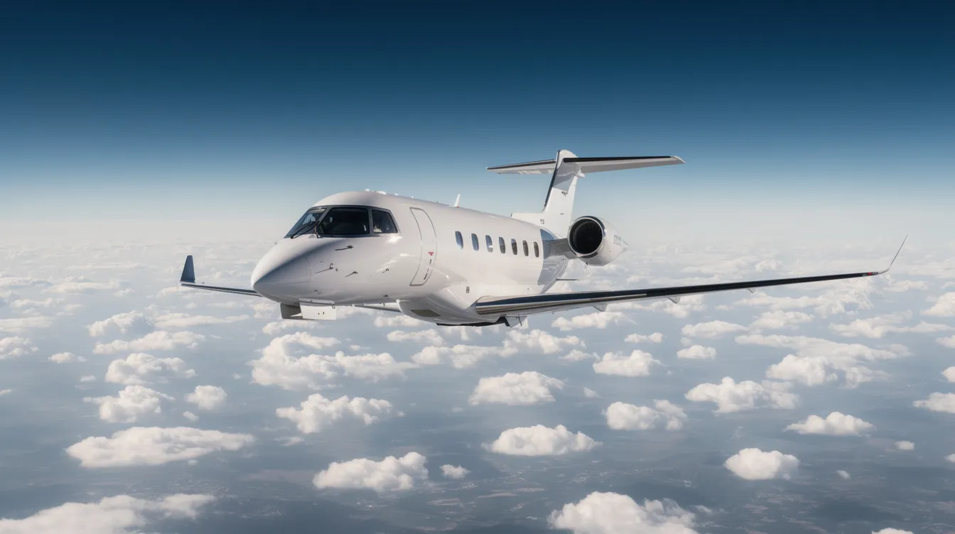 A modern light jet aircraft soars gracefully above scattered clouds, showcasing its sleek design typical of private jet manufacturers like Honda Aircraft Company and Cessna Aircraft Company. This image captures the essence of business aviation, highlighting the advanced technology and fuel efficiency of today's jet aircraft.