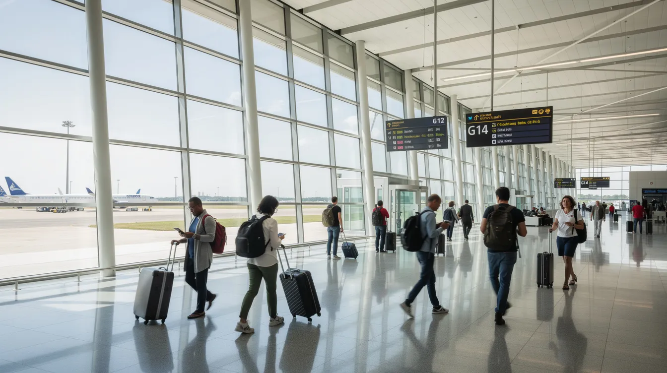 A bustling modern airport terminal features travelers walking past large windows, showcasing the vibrant atmosphere of air travel. This scene captures the essence of booking flights, as passengers prepare for both domestic and international trips, with opportunities to find cheap flights and compare ticket prices.