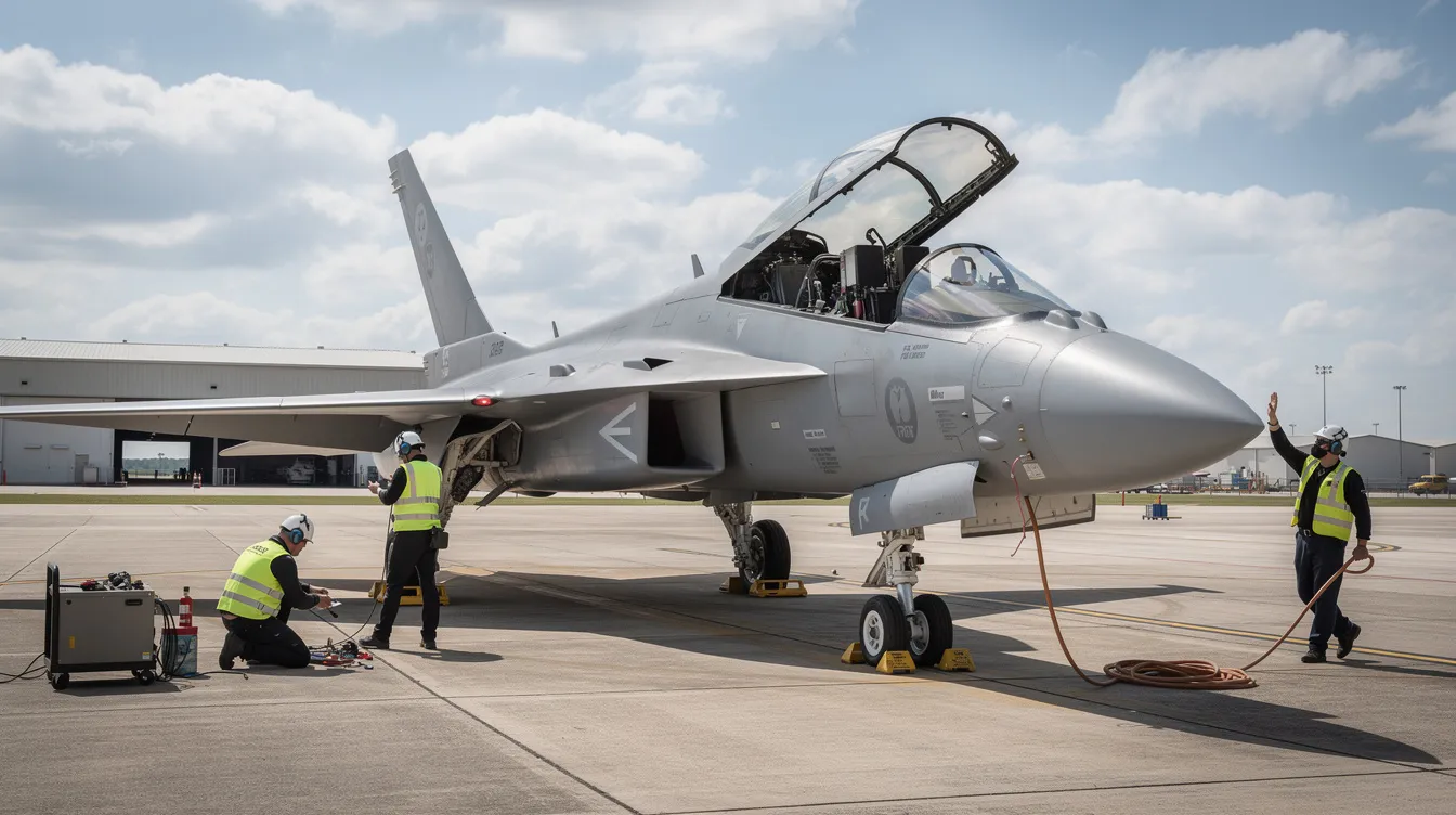 A single-engine F-16 Fighting Falcon, a military air combat fighter, is parked on a concrete runway, with ground crew members working nearby under a partly cloudy sky. The aircraft, known for its air superiority capabilities, features various flight control surfaces and external fuel tanks, indicative of its operational readiness.