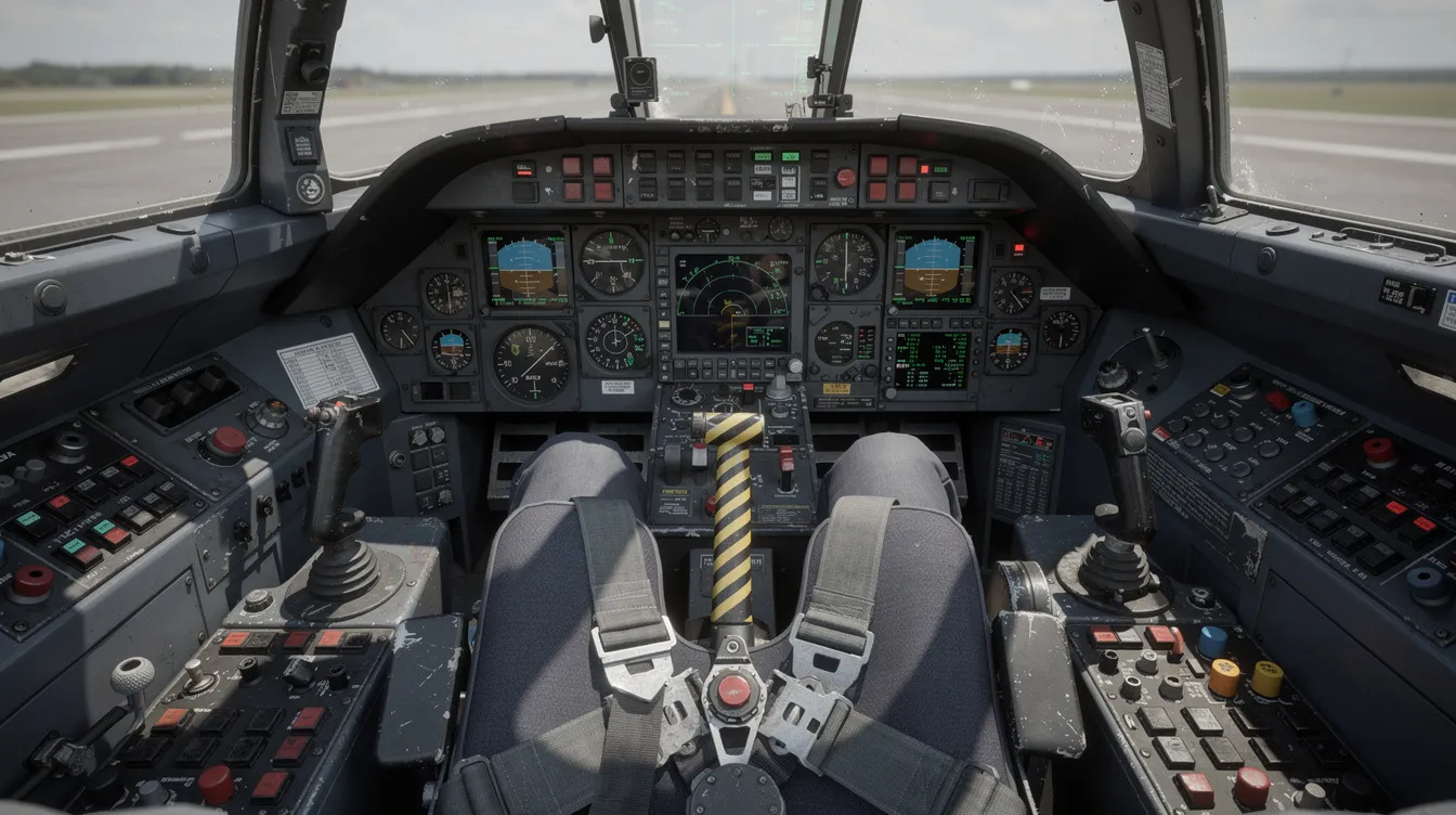 The image depicts a close-up view of a military fighter jet cockpit interior, featuring various instruments and displays along with a reclined ejection seat, typical of the F-16 Fighting Falcon. This detailed cockpit showcases the advanced flight control systems and the pilot's forward vision necessary for air combat missions.