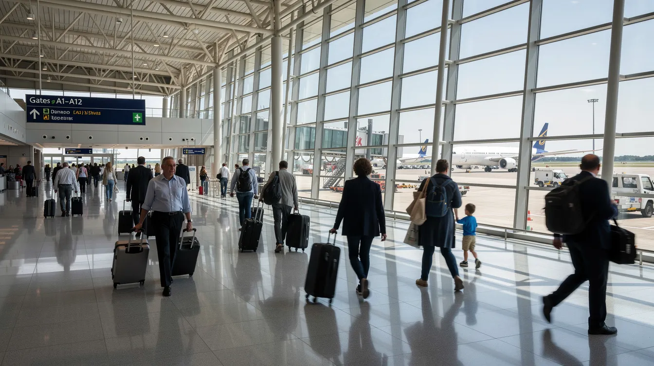 The image shows passengers walking through a bustling airport terminal, with large windows revealing planes on the tarmac ready for domestic and international flights. The atmosphere is lively, reflecting the excitement of travelers preparing for their journeys, whether booking cheap flights or tracking flight prices for the best deals.