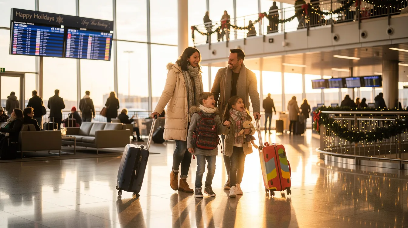 A family is seen navigating through a bustling airport filled with travelers during the holiday season, each carrying luggage as they prepare for their domestic flights. The scene captures the excitement and chaos typical of major holidays, highlighting the importance of booking flights in advance to secure the best deals.