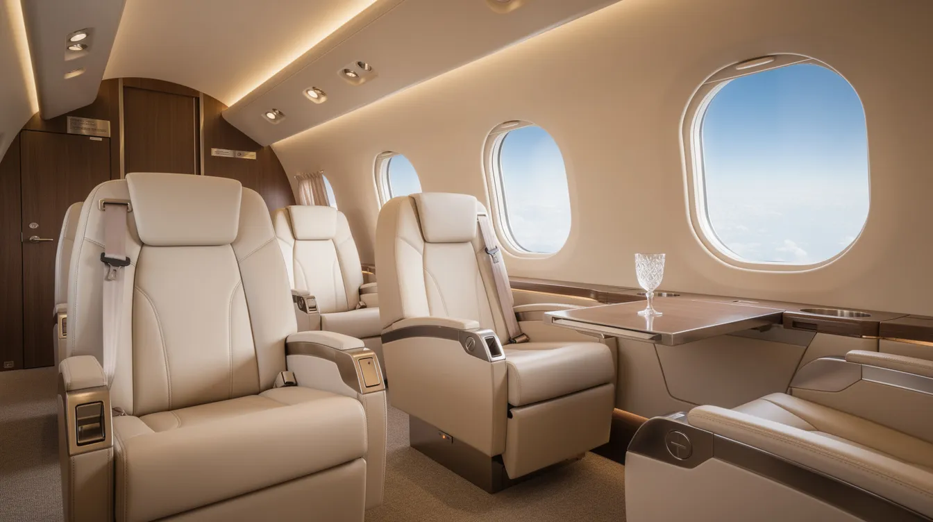The image depicts the interior of a modern private jet cabin featuring luxurious leather seats and soft ambient lighting, with a stunning view of fluffy clouds visible through the large window. This elegant space offers a glimpse into the comfort and sophistication of private air travel, reminiscent of the experience military pilots might have in a fighter jet.