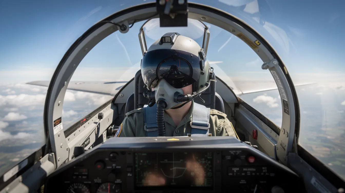 A civilian passenger, equipped with a flight helmet and oxygen mask, is seated in the rear cockpit of a jet trainer aircraft during flight, experiencing the thrill of flying a fighter jet. The interior showcases the controls and instruments typical of military jets, emphasizing the unique experience of civilian pilots taking to the skies in a military aircraft.
