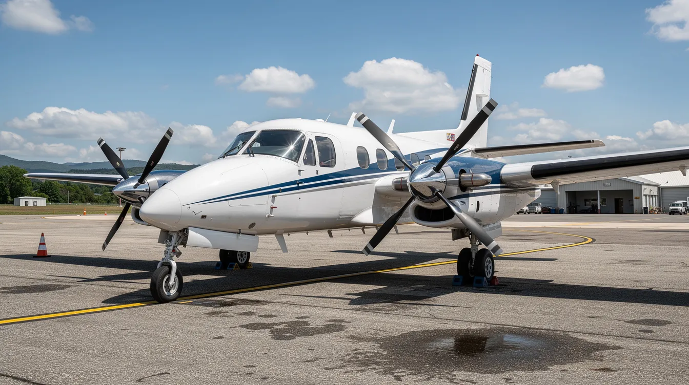 A modern twin engine propeller airplane, designed for up to six passengers, is parked on the tarmac of a small regional airport. This sleek twin engine aircraft features a spacious cabin and is well-suited for charter flights, offering fuel efficiency and advanced safety features for aviation enthusiasts.