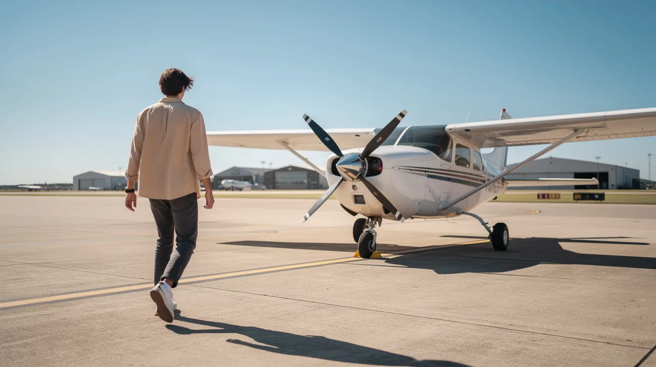 A person is walking toward a small single-engine aircraft on a sunny airport tarmac, with a clear blue sky above, symbolizing the beginning of their aviation journey. This scene captures the essence of flight training, showcasing an ideal training aircraft for novice pilots, such as the Cessna 172 Skyhawk, known for its forgiving flight characteristics.