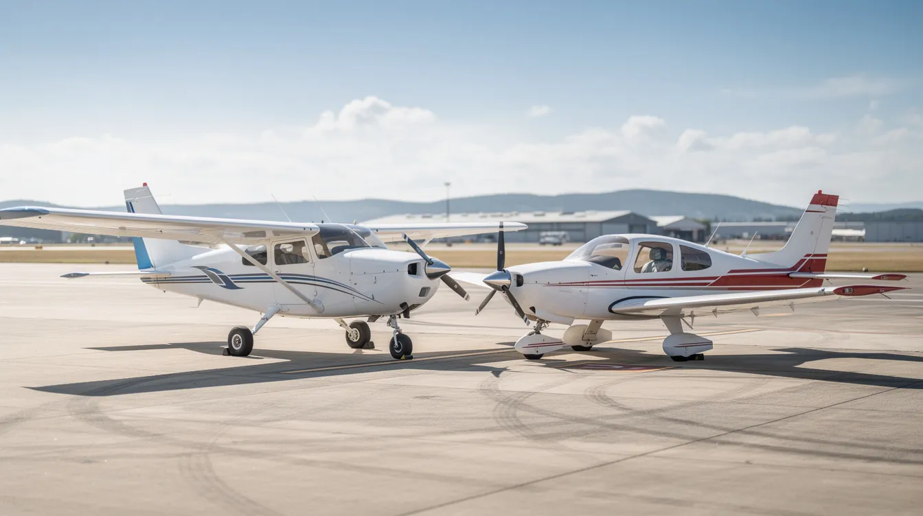 The image shows two small aircraft parked side by side on an airport ramp under a clear blue sky; one is a high-wing design, while the other features a low-wing layout. These training aircraft represent excellent options for novice pilots and aspiring aviators embarking on their aviation journey, offering forgiving flight characteristics and stable handling for primary training.