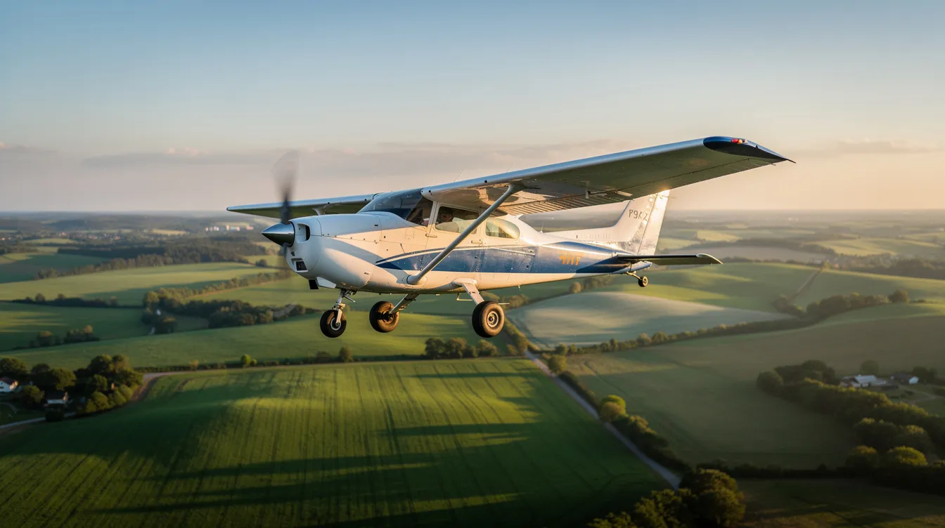 A Cessna 182 Skylane, a popular piston aircraft known for its reliability and efficiency, soars gracefully over lush green rolling hills and farmland, showcasing the beauty of private aviation. The plane's spacious cabin and comfortable seating make it an attractive option for families and travelers exploring the skies.