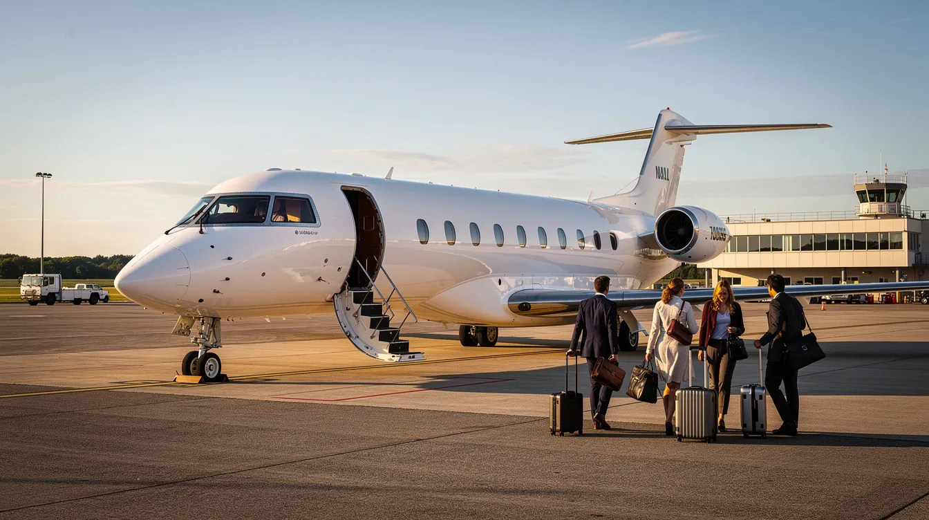 A modern private jet is parked on the tarmac at a small regional airport, with passengers walking toward the boarding stairs, ready for their cross country flight. The aircraft features advanced avionics and a spacious cabin, making it an ideal choice for personal transport and family travel.