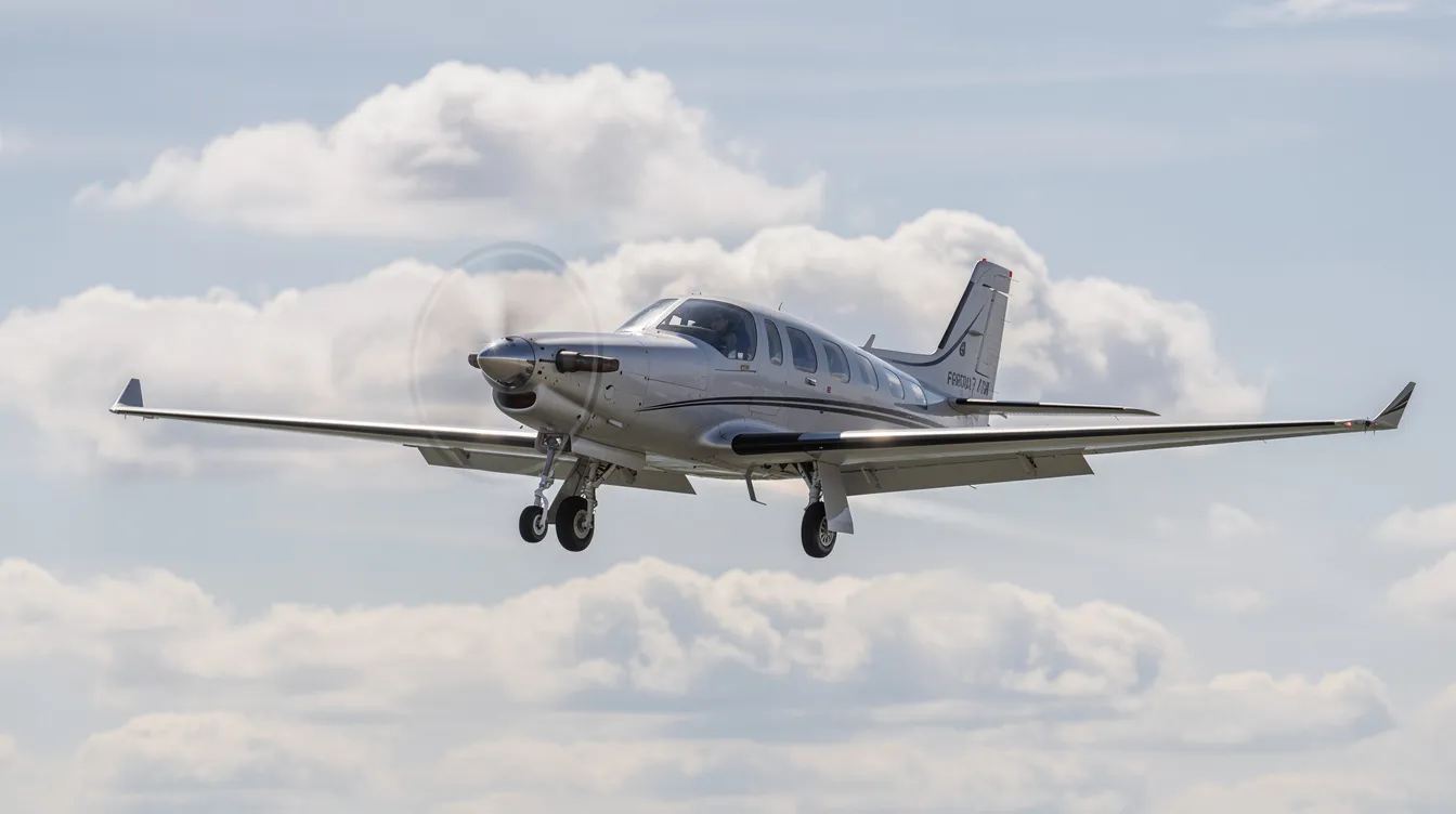 A sleek single engine piston aircraft glides gracefully through a bright sky dotted with scattered clouds, showcasing its high performance and fuel efficiency. Ideal for cross country flights, this personal aircraft is a favorite among private pilots and flight schools alike.