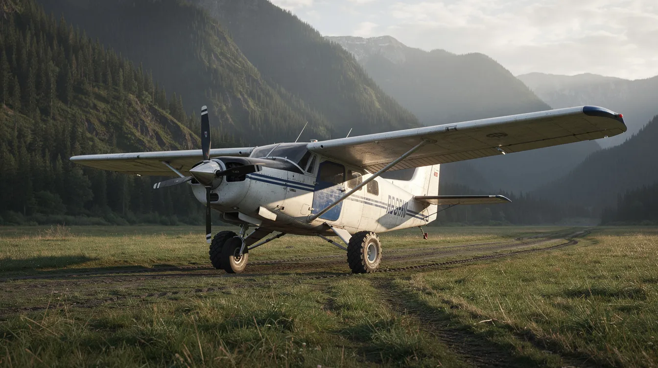 A high-wing utility aircraft, resembling a single engine piston aircraft, is parked on a grassy airstrip with lush forested mountains in the background, creating a serene setting for personal transport and cross country flights. This versatile plane is ideal for flight training and offers a spacious cabin, making it a favorite among many aircraft owners and aviation enthusiasts.