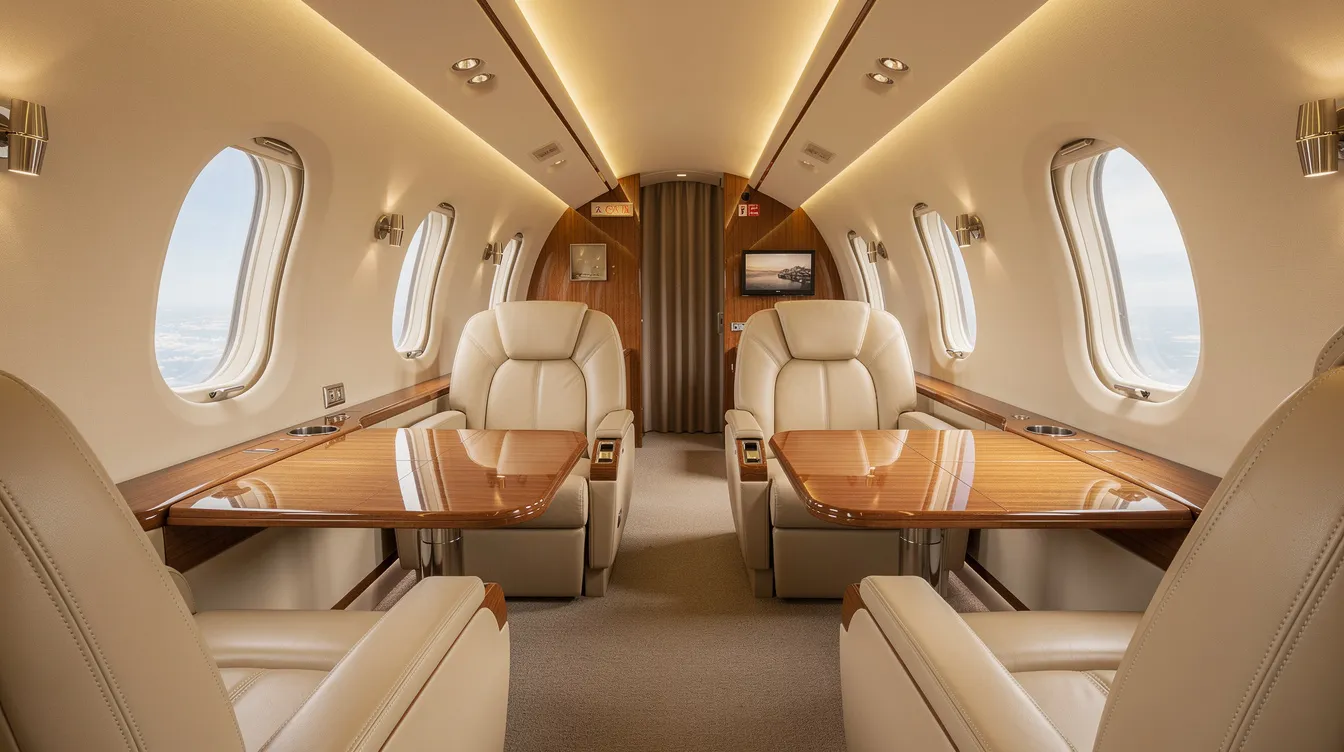 The image showcases a luxurious private aircraft cabin interior, featuring elegant cream leather seating and polished wood-grain tables, reminiscent of the comfort found aboard presidential aircraft like Air Force One. The spacious design emphasizes sophistication and exclusivity, perfect for high-profile travel.