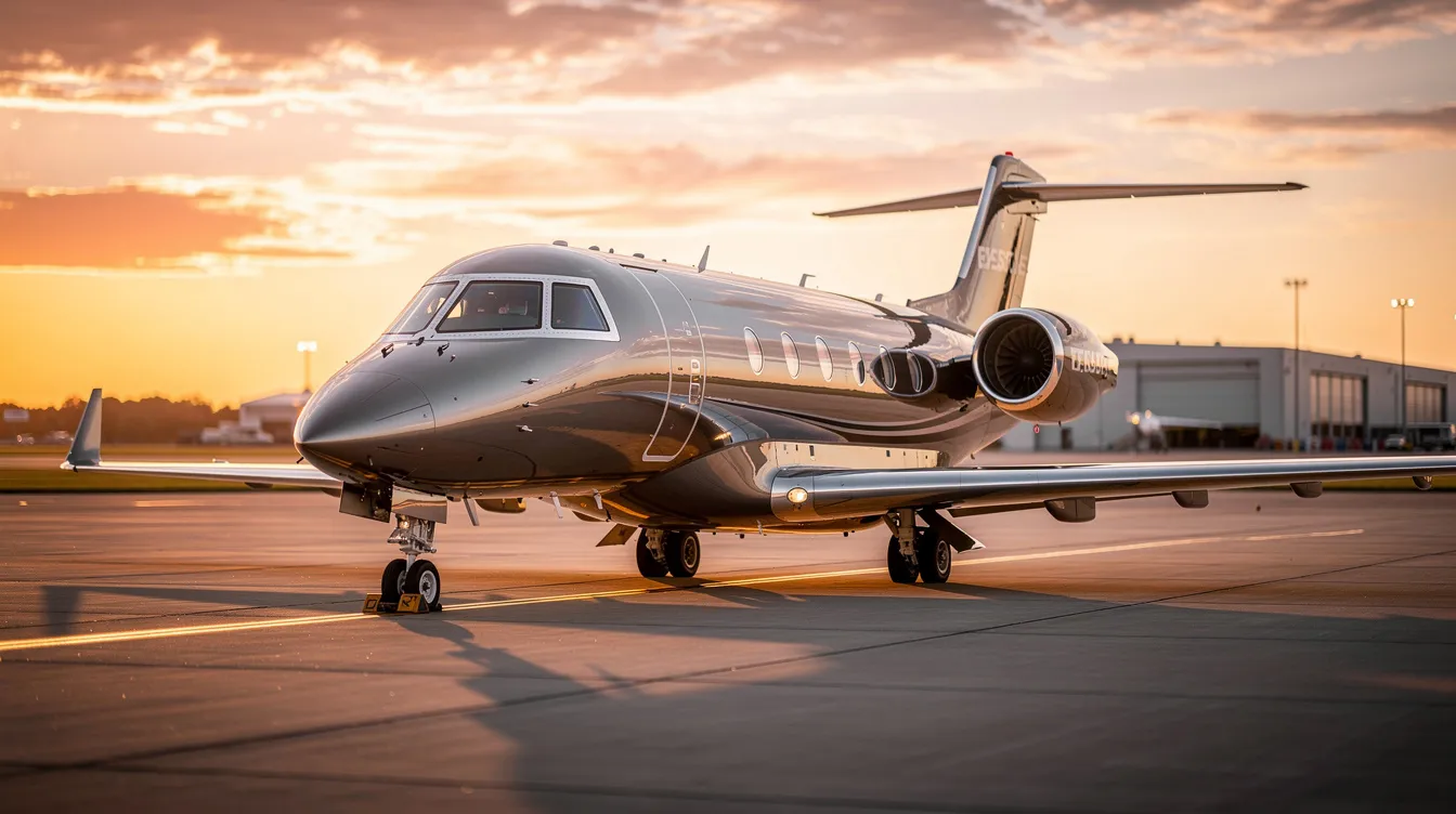 A sleek private jet is parked on a tarmac at sunset, with golden light reflecting off its fuselage, showcasing the elegance of this modern aircraft. The scene captures the essence of luxury travel, reminiscent of the presidential aircraft used by the United States Air Force.