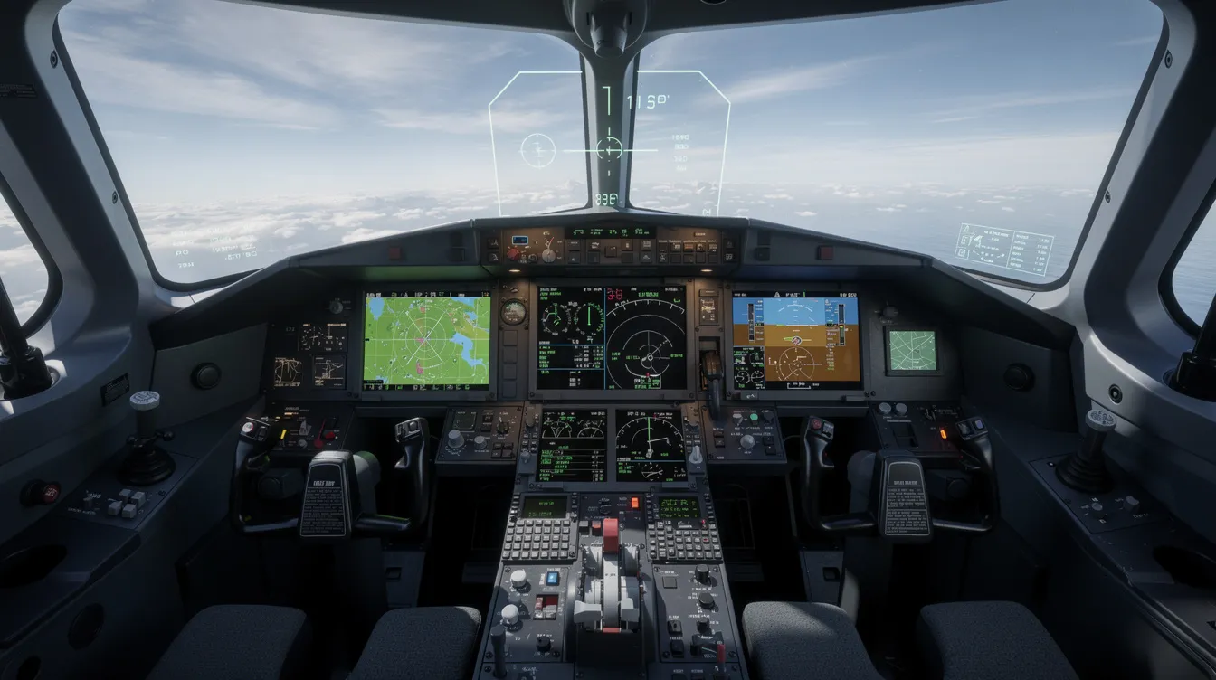 The image depicts the cockpit of a military aircraft, showcasing modern digital avionics displays and control panels that are essential for navigation and communication. This high-tech environment is integral to the operation of Air Force aircraft, including the presidential aircraft known as Air Force One.