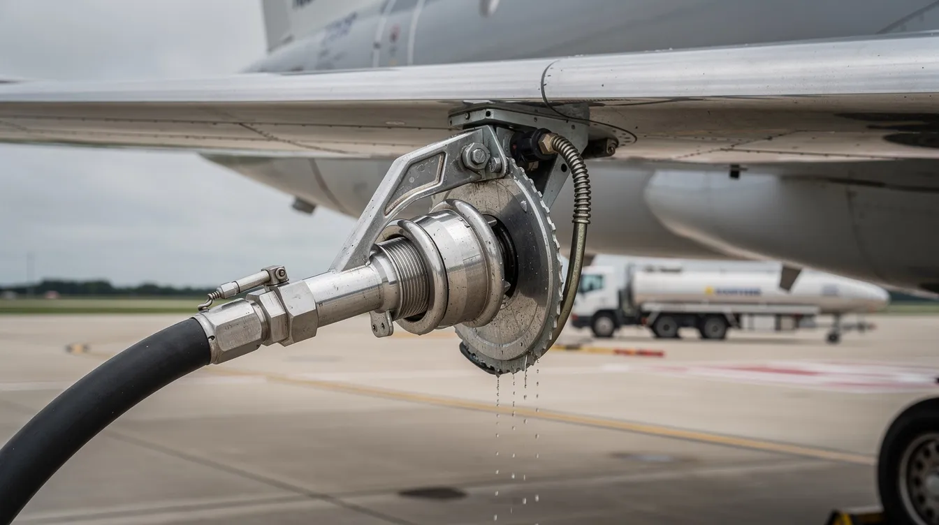 The image shows a close-up view of an aircraft wing fuel nozzle, highlighting the intricate components involved in the refueling process with primary jet fuel. This nozzle is essential for ensuring safe and efficient fuel transfer, crucial for military service members and air force operations.