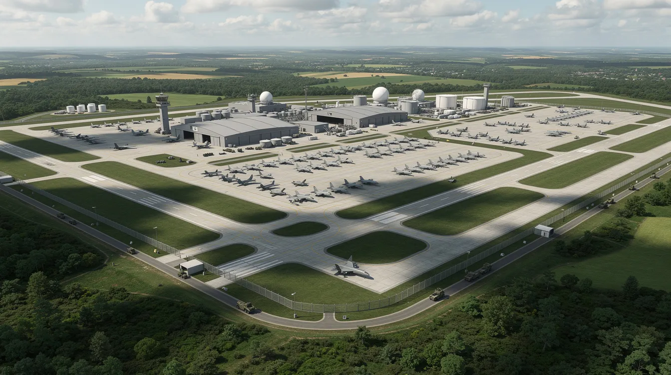 An aerial view captures a large military airbase nestled within a lush green landscape, showcasing various aircraft and hangars. This scene reflects the operational environment of service members, where exposure to jet fuel and other chemicals may raise concerns about health effects, including potential risks associated with military service.