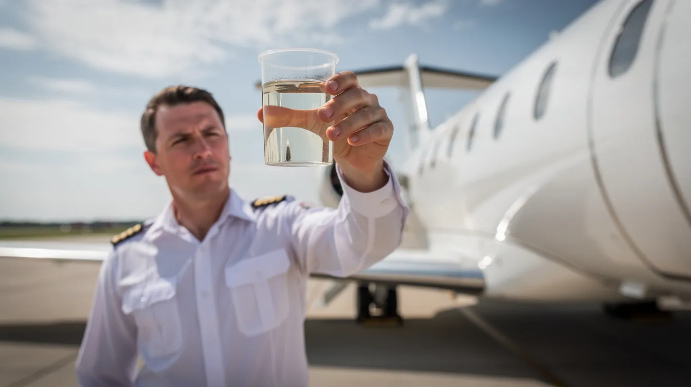A pilot is holding a clear fuel sample cup up to daylight, showcasing the straw-colored jet fuel, while standing near the wing of a private jet. This image highlights the importance of aviation fuel quality requirements for turbine engines in aircraft.