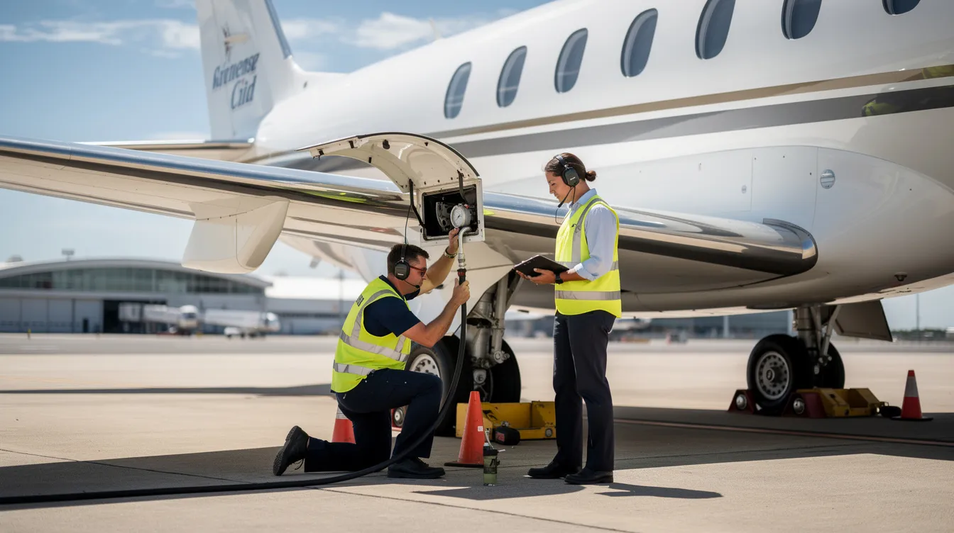 A ground crew is inspecting jet fuel tanks near a private business jet on the tarmac, ensuring the aviation fuel meets quality requirements for optimal engine performance. The scene captures the meticulous attention to detail necessary for maintaining aircraft fuel systems, emphasizing the importance of jet A and its characteristics in aviation.