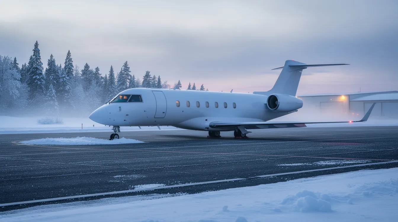 A private jet is parked on a snowy tarmac at a northern airport, with a layer of frost covering the ground. The scene captures the serene winter atmosphere, highlighting the jet's sleek design against the cold backdrop, emphasizing the importance of accurate fuel planning for optimal aircraft performance in such conditions.
