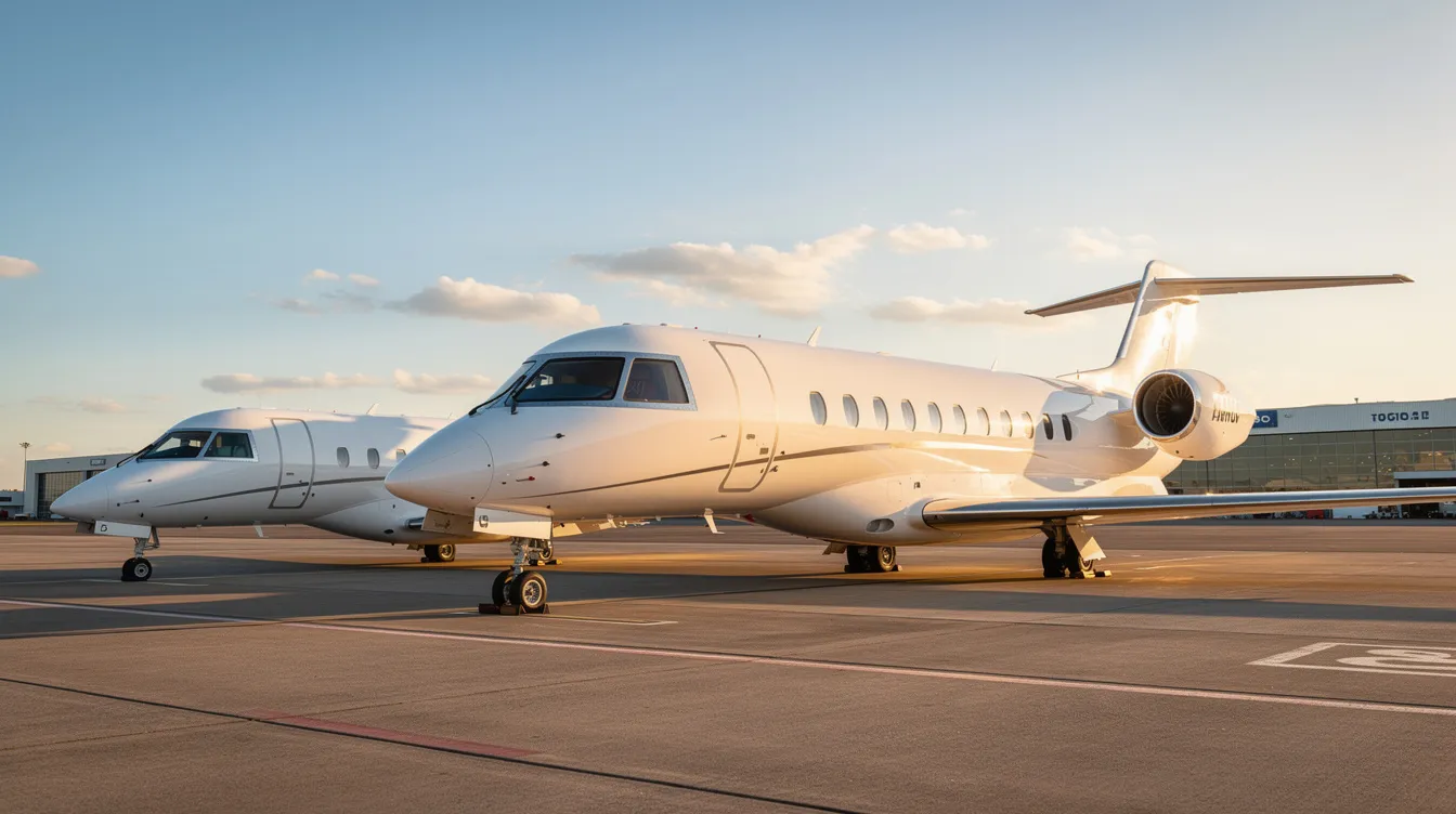 The image shows three private jets of varying sizes lined up on an airport ramp, arranged from the smallest to the largest. This visual highlights the differences in aircraft weight and design, emphasizing the importance of accurate fuel planning and maximum gross weight for each jet.