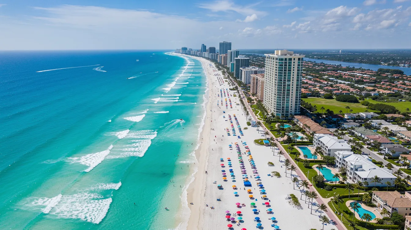 An aerial view captures a vibrant coastal Florida city, showcasing its stunning turquoise waters and pristine white sand beaches, perfect for relaxation and leisure. The scene reflects the beauty of Naples, FL, a recognized leader in aviation business, where aircraft sales and charter services thrive along the picturesque shoreline.