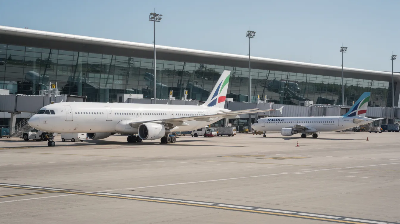 The image depicts two commercial aircraft of different sizes parked on a spacious airport tarmac, with a modern terminal building visible in the background. Among the planes, a Boeing 777, known for its long range and spacious cabin, stands out, representing the fleet of major airlines like United Airlines and British Airways.