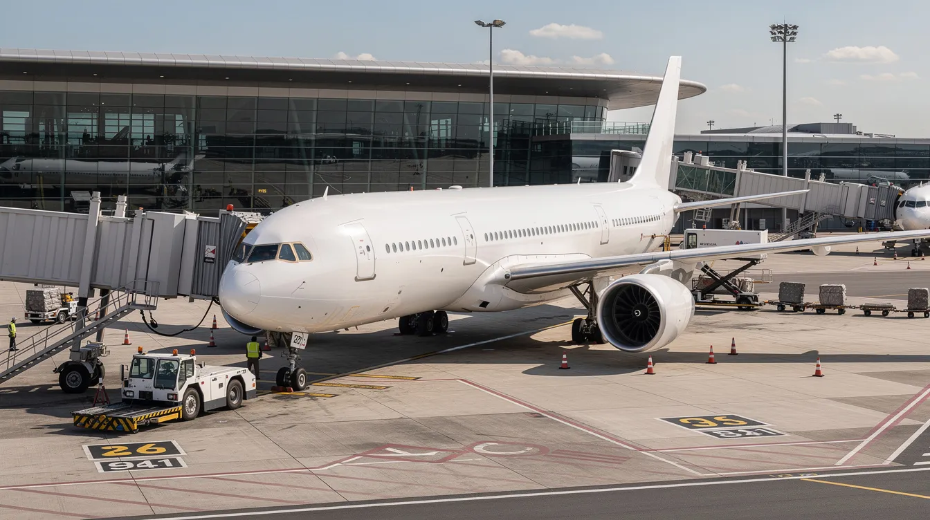 A Boeing 777, known as the world's largest twinjet, is parked at a busy international airport gate surrounded by ground service vehicles. This wide-body twin-engine aircraft features a spacious cabin and is commonly operated by major airlines like United Airlines and British Airways, highlighting its importance in commercial aviation.