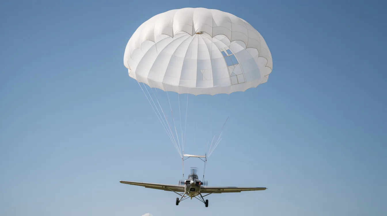 A small Cirrus aircraft is descending gracefully with its large parachute canopy deployed against a clear blue sky, showcasing the Cirrus airframe parachute system designed for safety in general aviation. The scene highlights the innovative design of this single engine piston aircraft, emphasizing its commitment to safe returns during flight.