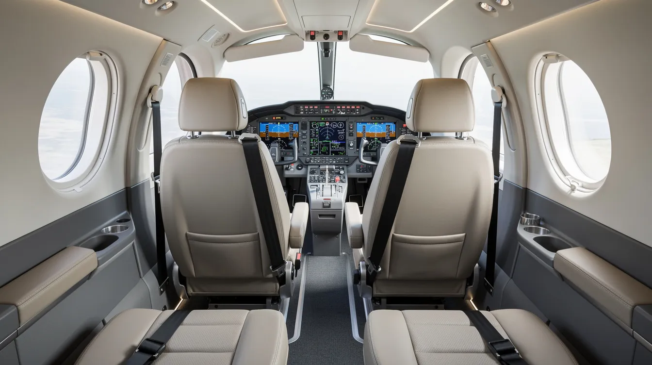The image depicts the interior of a modern four-seat cabin in a Cirrus aircraft, featuring plush leather seats and a sleek glass cockpit visible from the rear. This design emphasizes comfort and advanced avionics, catering to general aviation enthusiasts and Cirrus pilots alike.