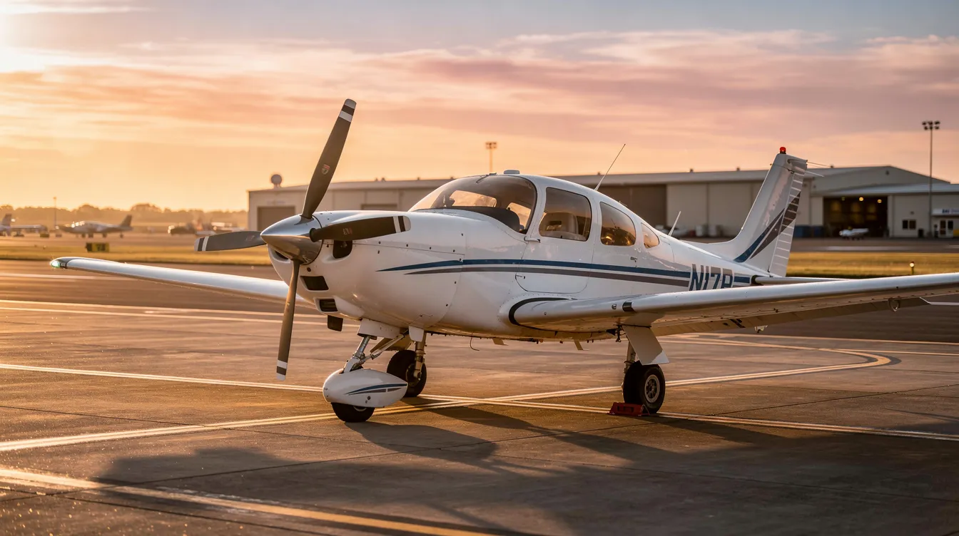 A Cirrus SR22 light aircraft is parked on a quiet regional airport tarmac during the golden hour, showcasing its sleek design and lightweight composite propeller. The scene captures the essence of general aviation, highlighting the aircraft's advanced features such as the glass cockpit and ballistic parachute system, all set against a warm, glowing sky.