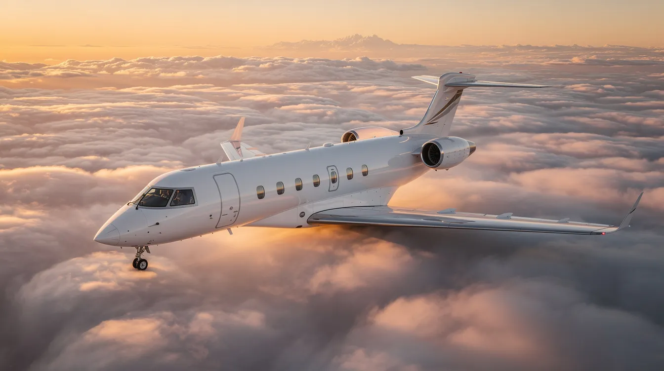 A Cirrus Vision Jet soars above a layer of fluffy clouds during golden hour, showcasing its sleek design and single-engine performance. The warm golden light highlights the aircraft's spacious cabin and elegant silhouette against the vibrant sky.
