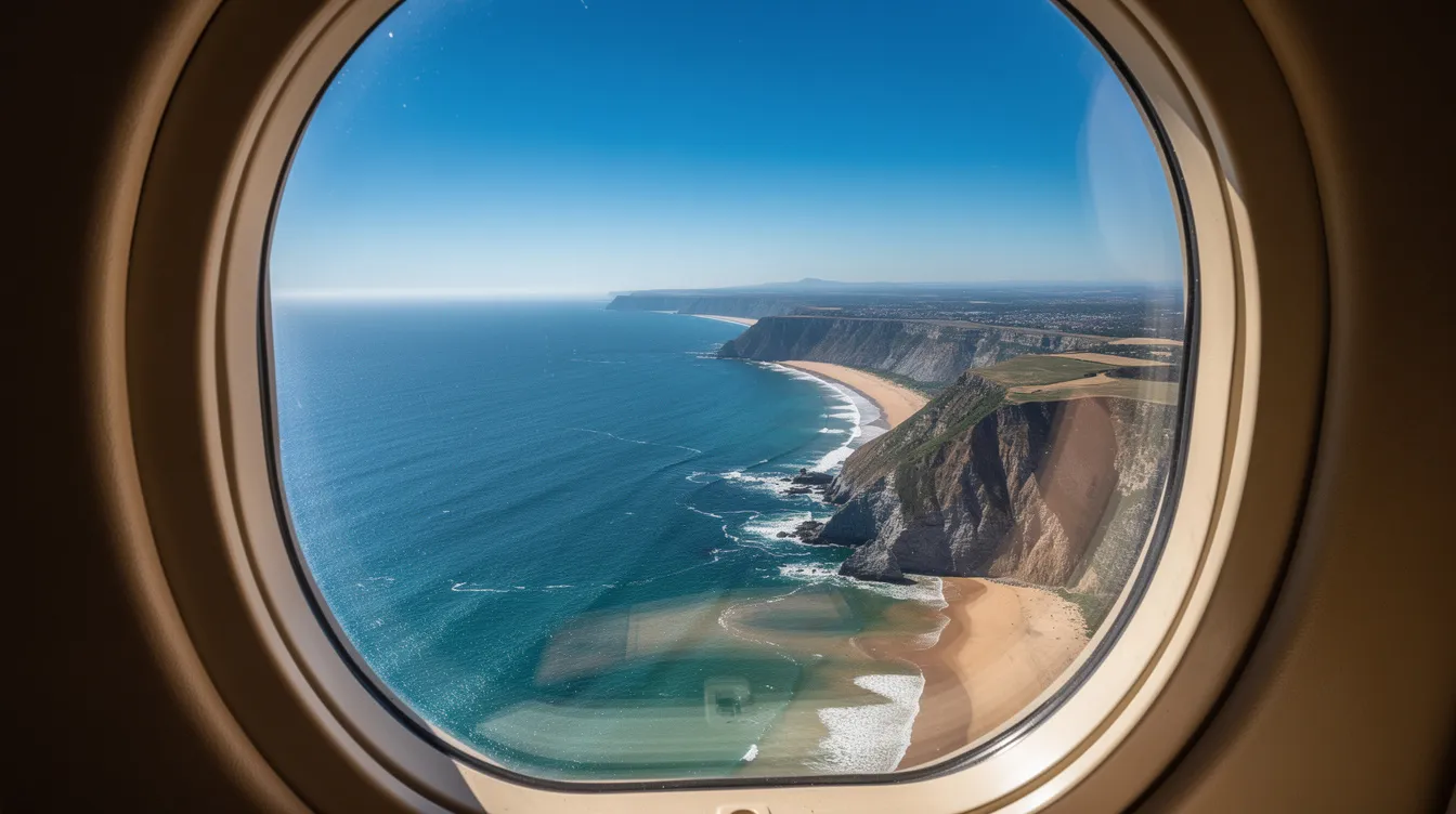An aerial view from a private jet window captures a stunning coastline under a clear blue sky, showcasing the beauty of personal aviation in a Cirrus Vision Jet. The image highlights the expansive horizon and the serene landscape, emphasizing the luxurious experience of flying in a very light jet.