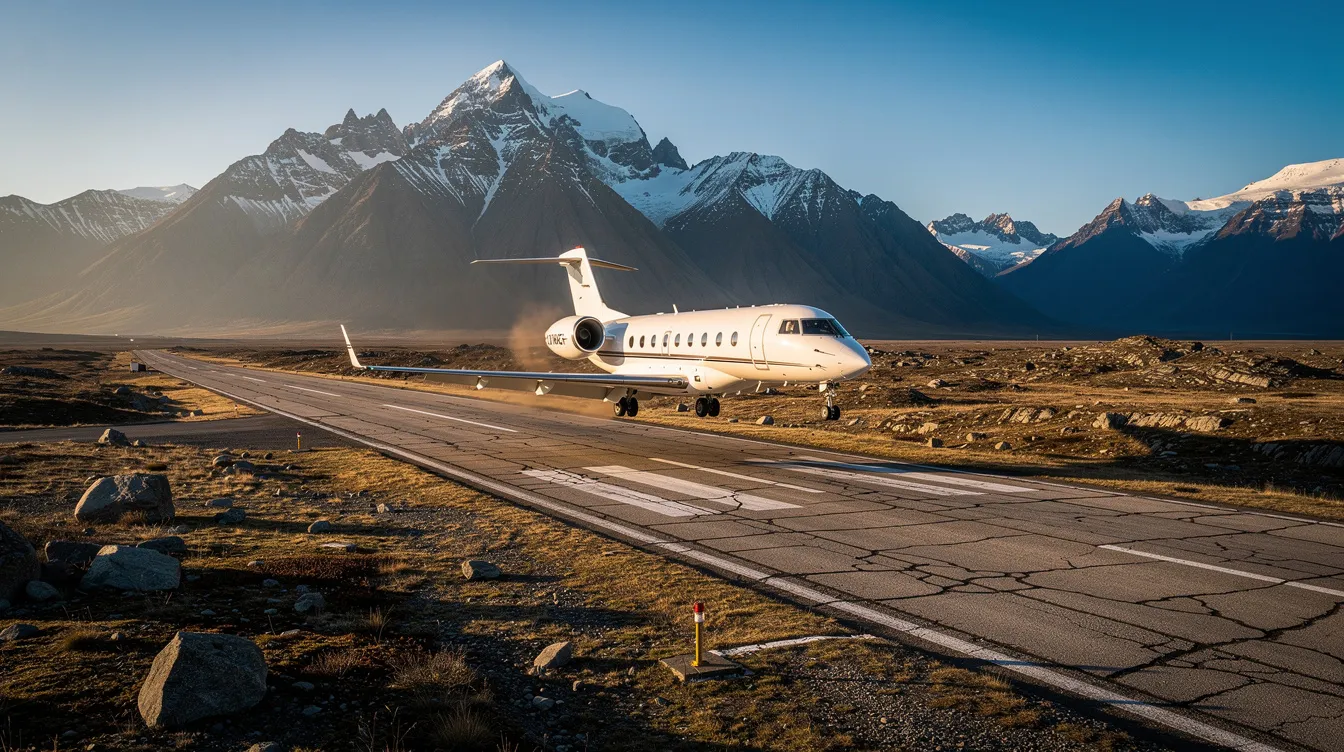 A Cirrus Vision Jet is taking off from a short runway, with rugged mountainous terrain visible in the background. The single-engine personal jet showcases its impressive takeoff performance against the scenic landscape.