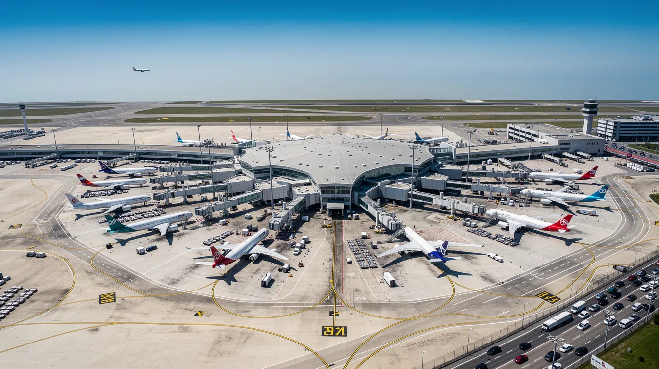 An aerial view of an international airport terminal showcases multiple planes parked at various gates, highlighting the bustling environment of air travel. This scene represents a hub for both domestic and international flights, where travelers can book flights and find cheap tickets to their desired destinations.