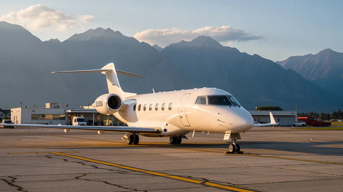A private jet is parked on the tarmac of a small regional airport, with majestic mountains rising in the background. This scene captures the essence of air travel, highlighting the luxury of private flights amidst the natural beauty, perfect for those looking to book flights for domestic or international trips.