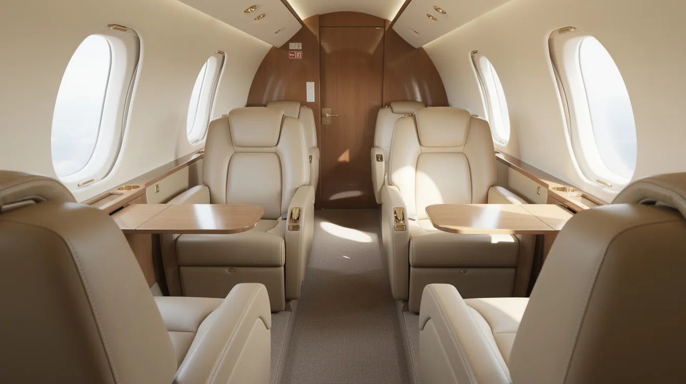 The image depicts the interior of a midsize private jet cabin, featuring elegant beige leather seats and ample natural light streaming through the windows. This luxurious setting is designed for charter clients seeking operational excellence and comfort while flying to various European and international destinations.