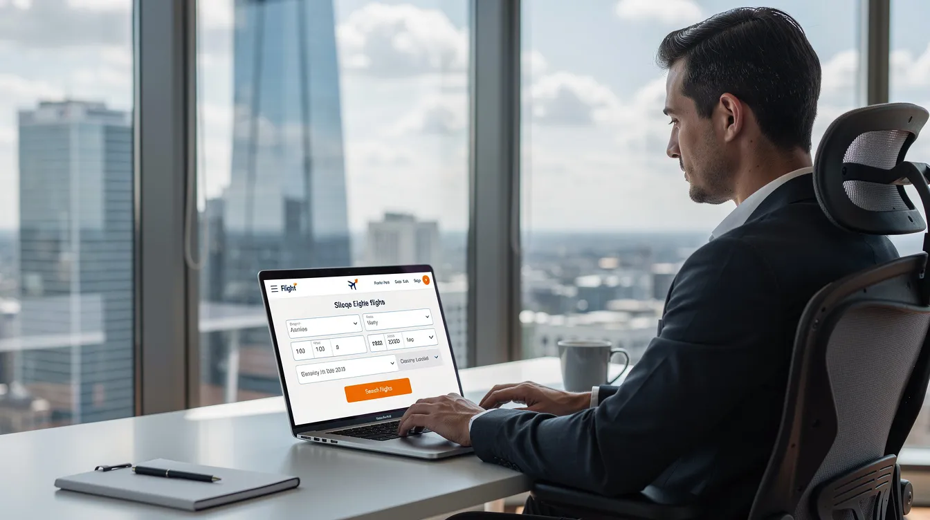 A person is seated at a modern office desk, working on a laptop that displays a flight search interface for private jet charter options. In the background, a city skyline is visible through a large window, emphasizing the seamless travel experience that private aviation can offer.