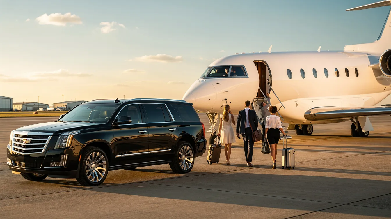 A group of passengers is walking towards a private jet on a sunlit tarmac, with a luxury SUV parked nearby, showcasing the convenience and elegance of private jet travel. This scene highlights the seamless experience of charter flights, emphasizing the ease of access to private aviation.