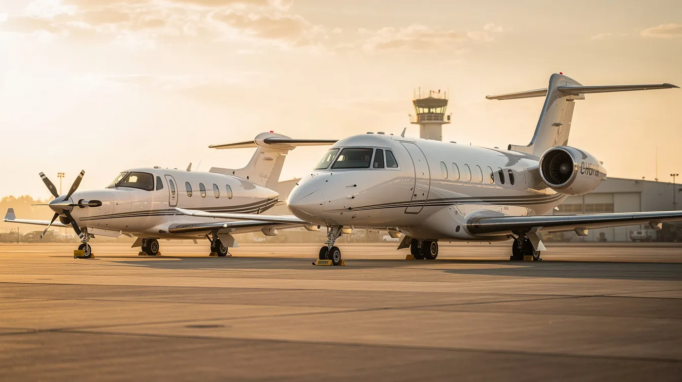 The image shows a variety of private aircraft parked on an airport ramp, including a small turboprop and a large business jet, highlighting the different aircraft types available for private jet travel and charter flights. This scene represents the flexibility and options offered by charter operators for those seeking private aviation services.