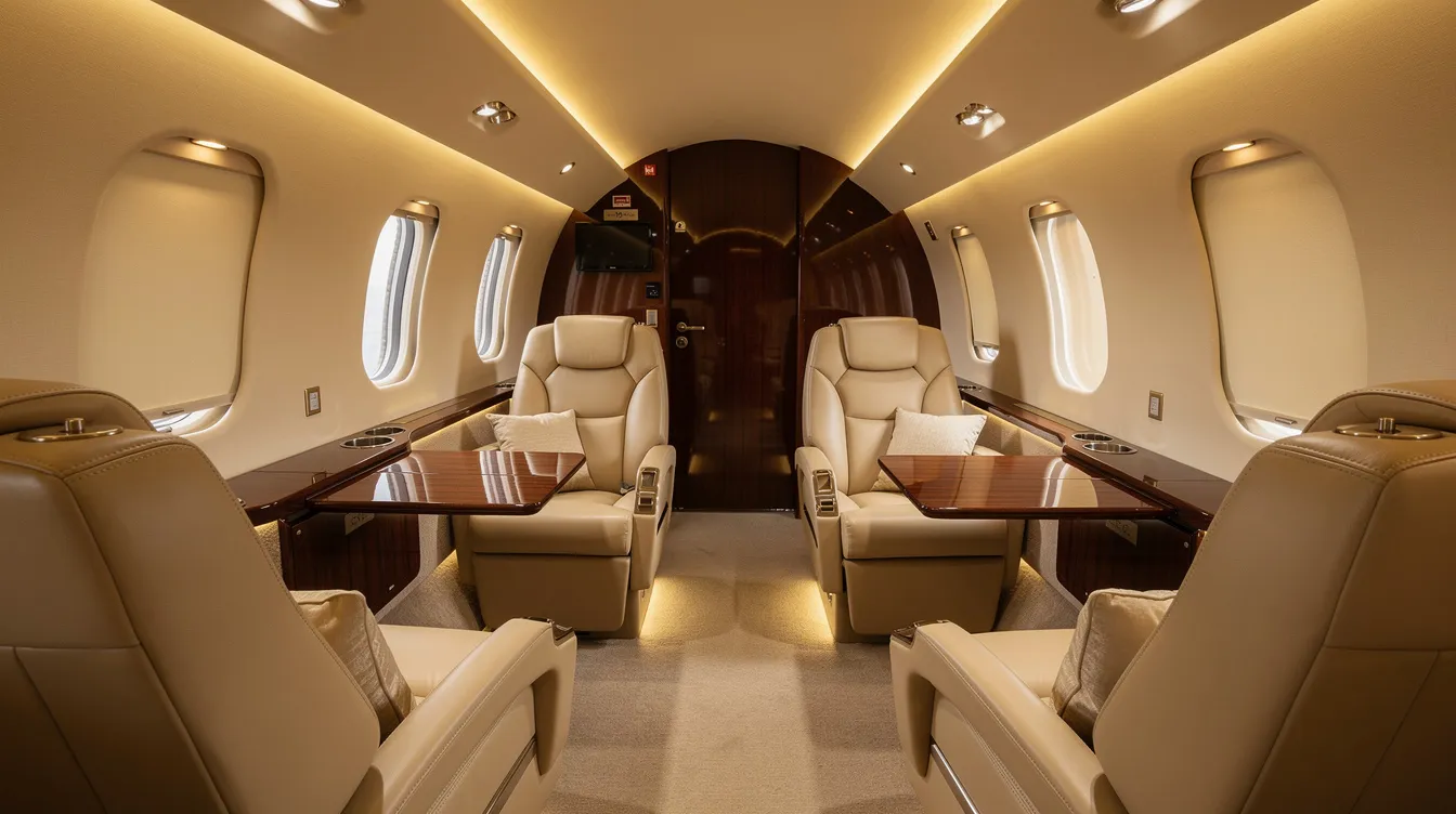 The image depicts the interior of a midsize private jet cabin, featuring cream leather seats arranged in a club configuration, complemented by warm lighting that creates a cozy atmosphere for passengers. This luxurious setting exemplifies the comfort and elegance of private jet travel, ideal for charter flights and leisure travel.