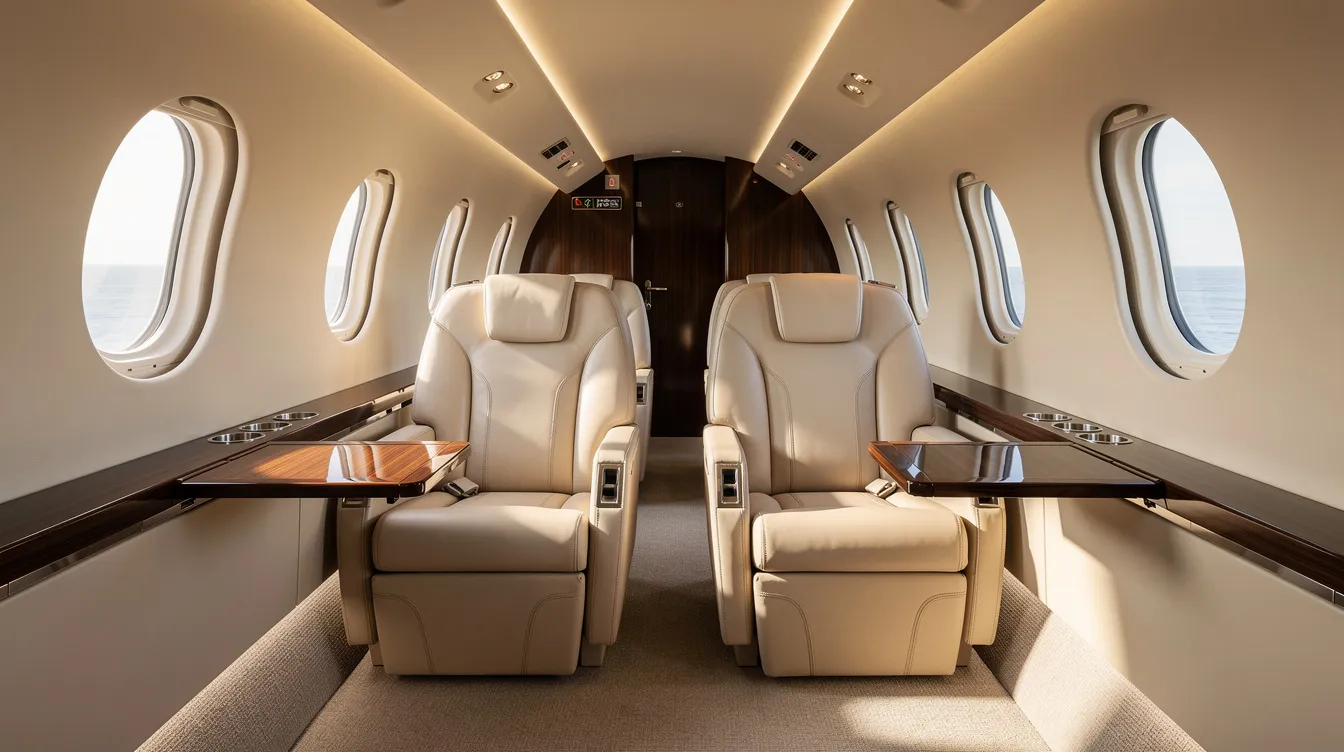 The image depicts the interior of a midsize private jet cabin, featuring luxurious leather seats and ample natural light streaming through oval windows. This elegant space is designed for comfort and convenience, ideal for travelers seeking private jet charter services to destinations like Costa Rica.