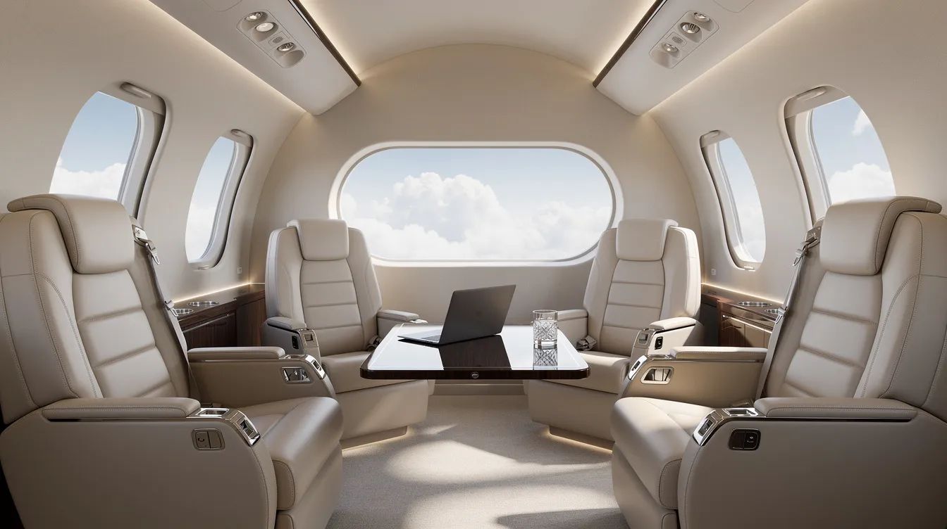 The image depicts the interior of a luxurious private jet cabin featuring plush leather seats, a small table, and large windows that reveal a view of fluffy clouds outside, embodying the comfort and elegance of private aviation. This setting is designed to meet the unique needs of clients seeking a premium air charter experience for their journeys across the globe.